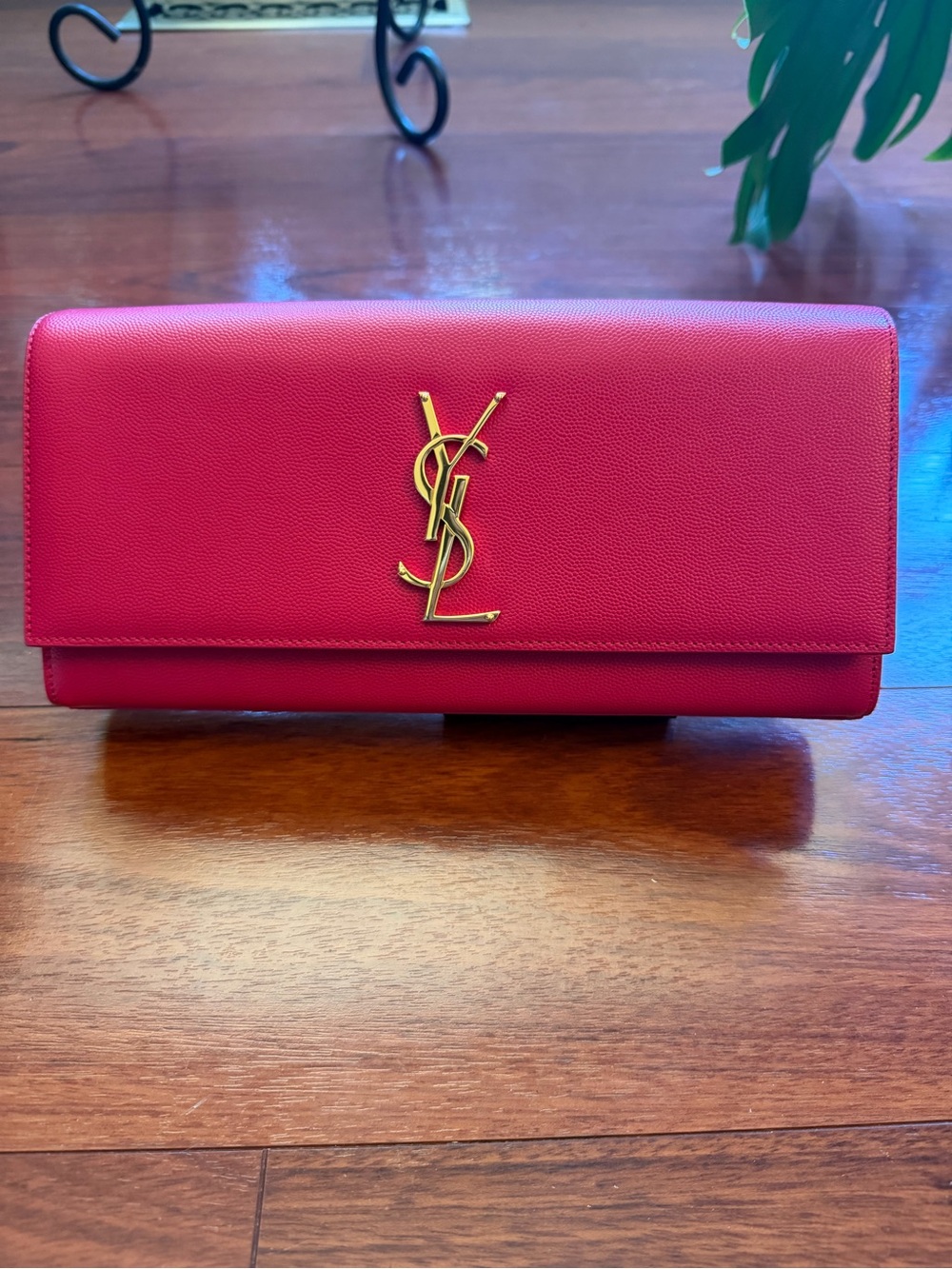 Saint Laurent Pink Leather YSL Monogram Clutch with Gold Hardware